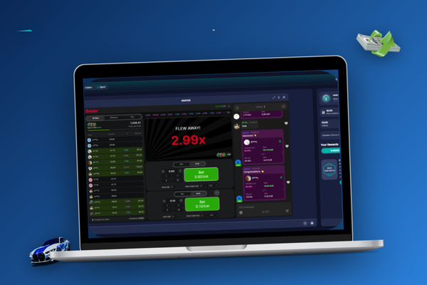 Notebook a telefon zobrazují Aviator demo a reálný zůstatek v CZK ve F1 Casino Casino